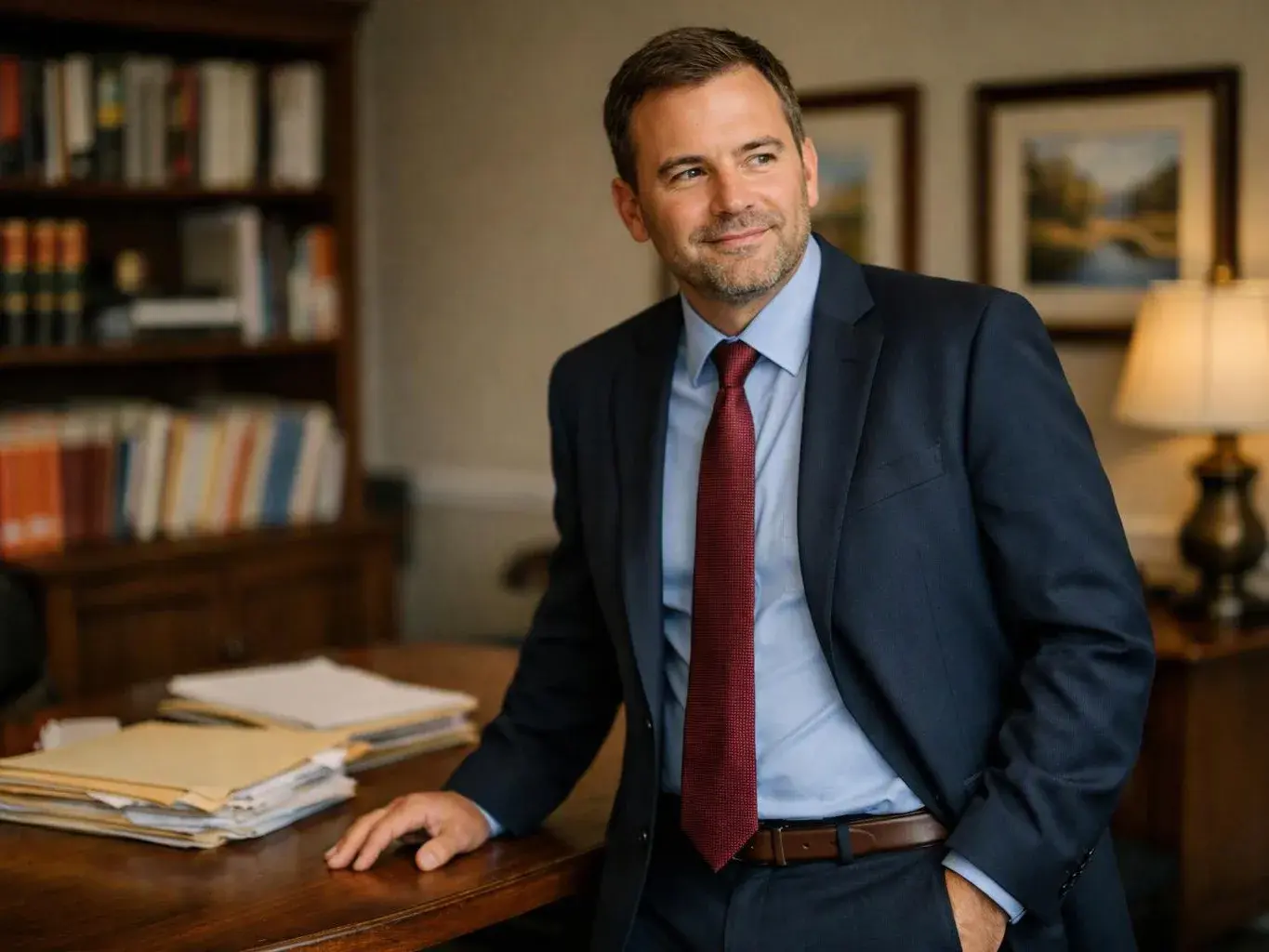 A man in a suit stands beside a desk in a book-lined office, with folders, a lamp, and framed pictures behind him