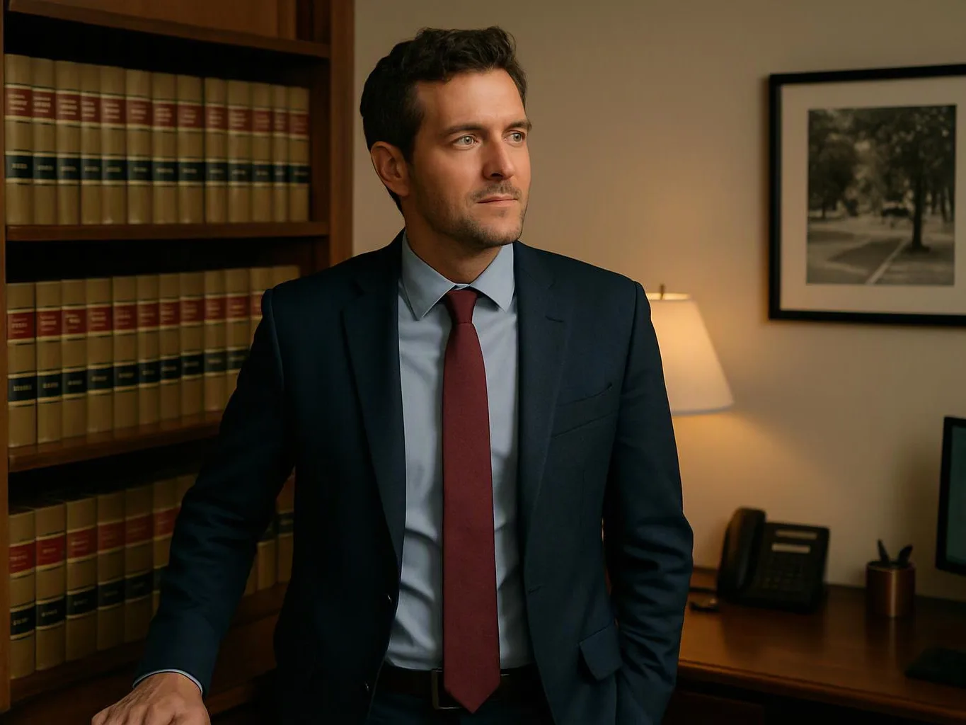 A man in a suit stands in a book-lined office beside a lamp and framed photo