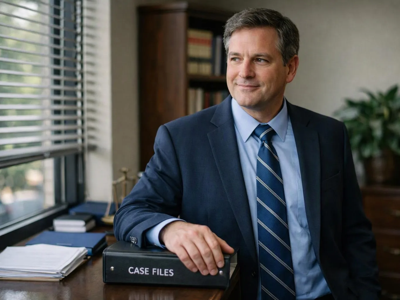 A man in a suit stands by a desk, resting his hand on a black case file binder in an office