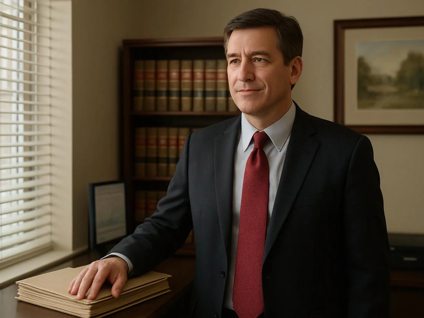 A man in a suit stands by a desk, resting his hand on a stack of folders in a quiet office