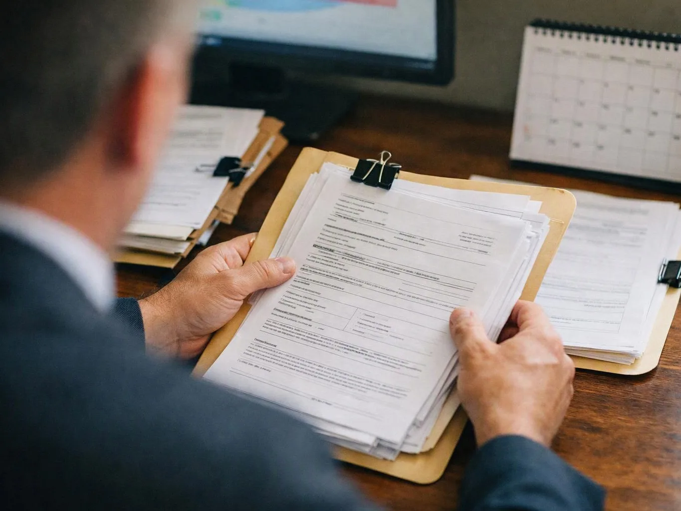 A man in a suit studies a stack of clipped papers at a desk with a calendar and computer monitor