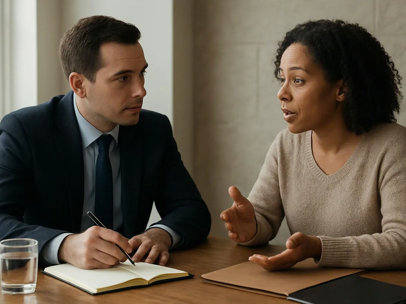 A man in a suit takes notes while a woman gestures during a conversation at a table