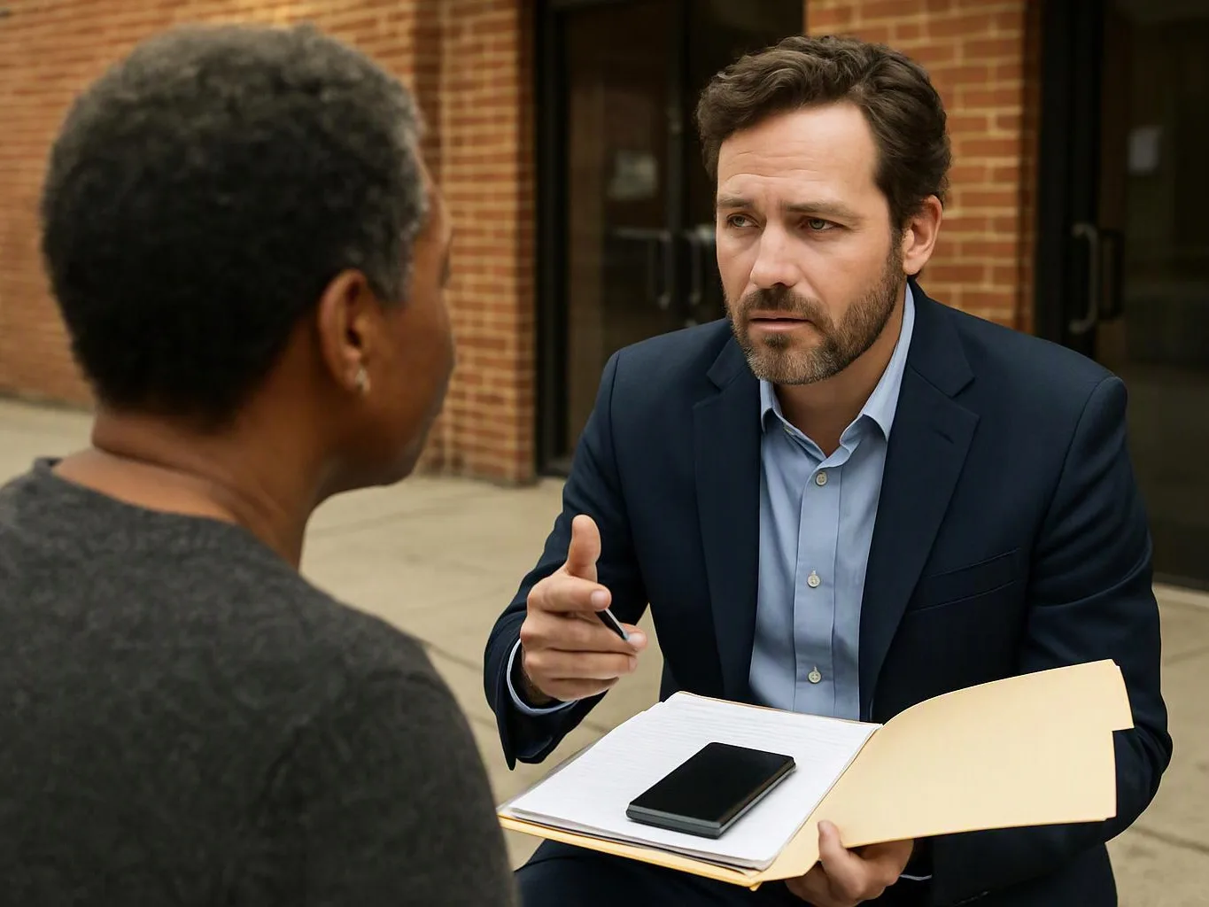 A man in a suit talks to another man outside a brick building, holding a folder and phone
