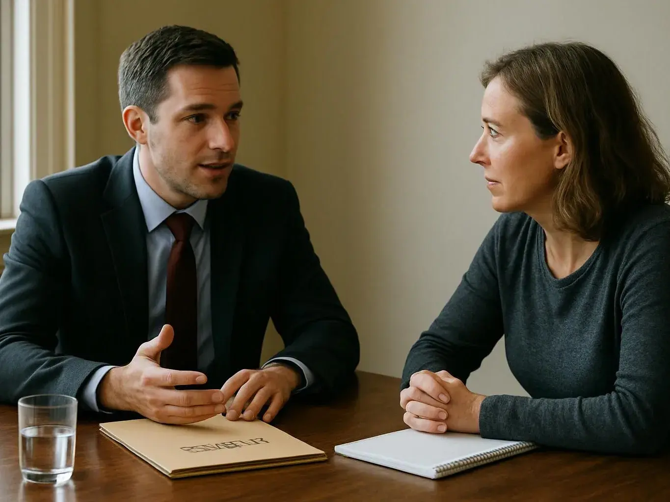 A man in a suit talks to a woman across a table with notebooks and a glass of water