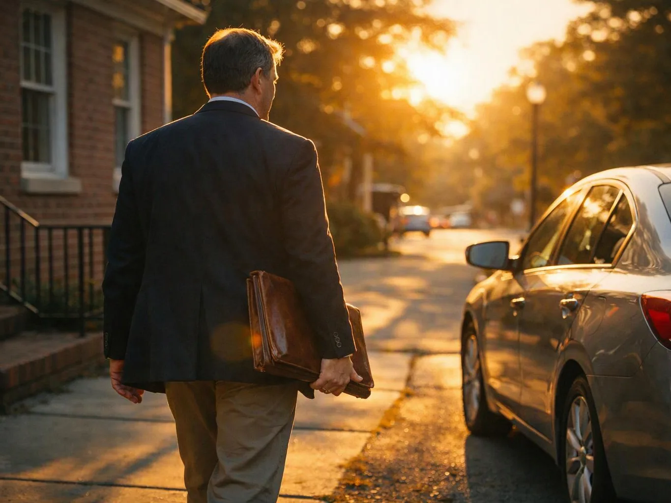 A man in a suit walks down a sunlit street carrying a brown leather briefcase beside a parked car