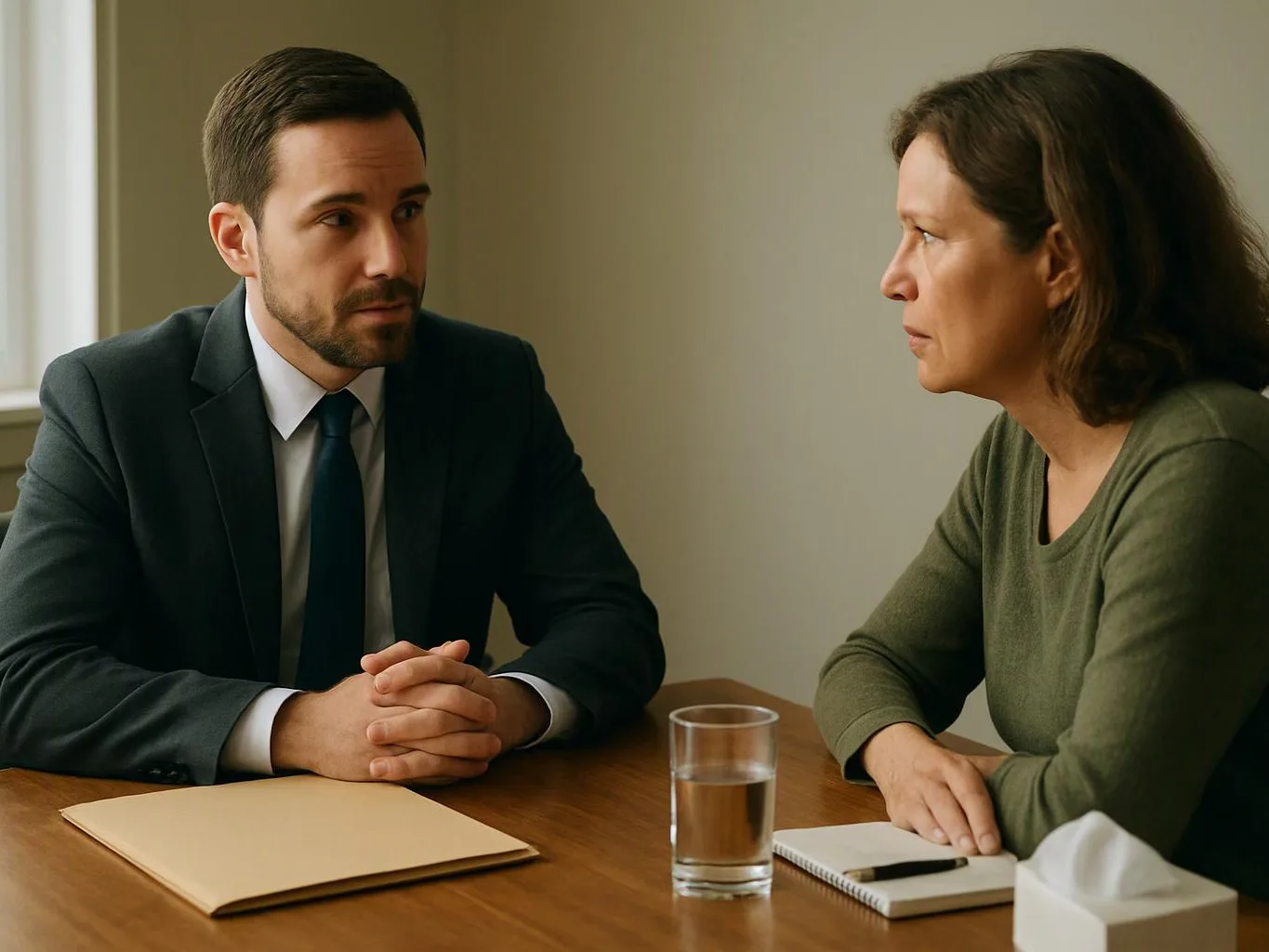 A man in a suit and a woman sit across a table, talking with a glass of water and notebook between them