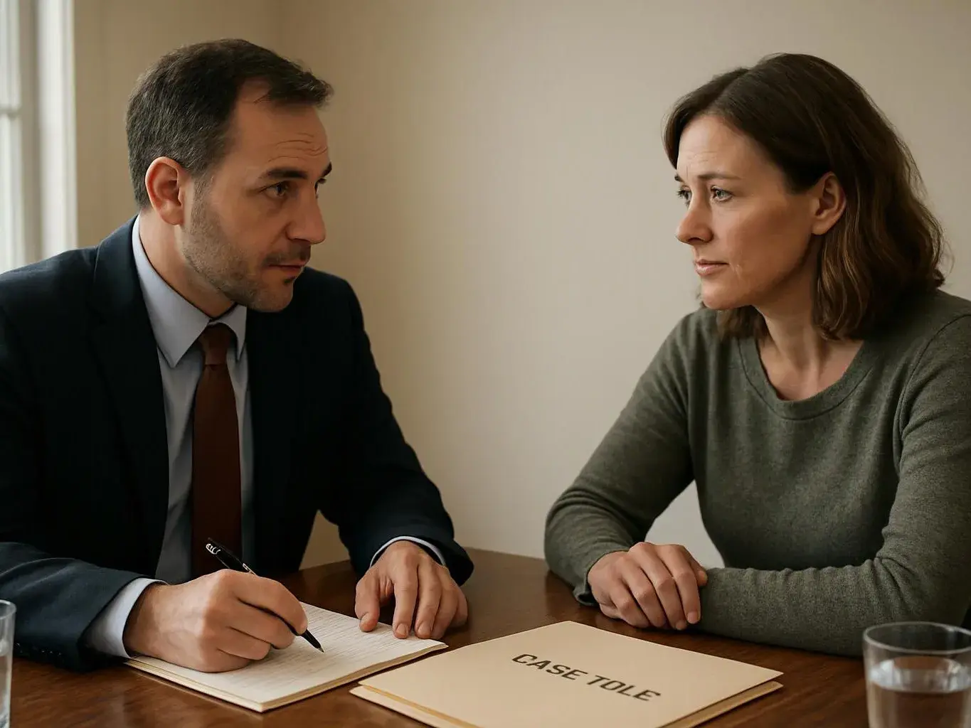 A man in a suit writes in a notebook while talking to a woman across a table, with a case file and water glasses nearby