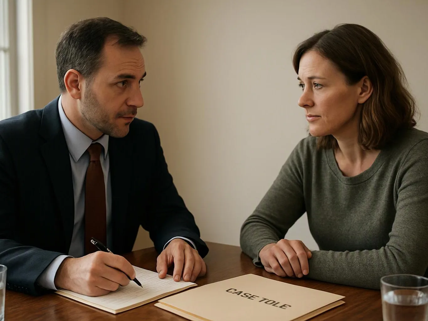 A man in a suit writes in a notebook while a woman sits across from him beside a folder labeled “CASE TOLE”