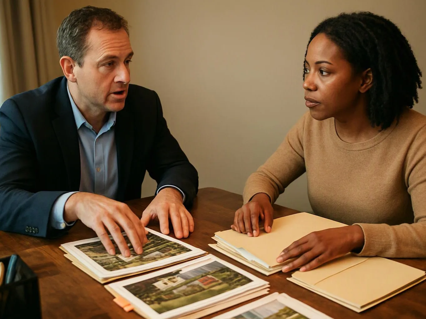 A man and woman sit at a table, reviewing photo prints and folders during a conversation