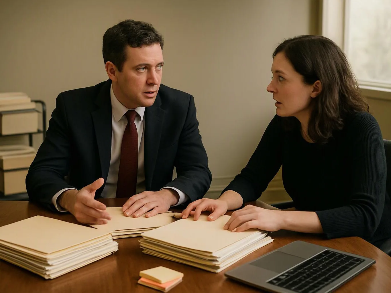 A man and woman sit at a table, talking over stacks of folders beside a laptop in an office