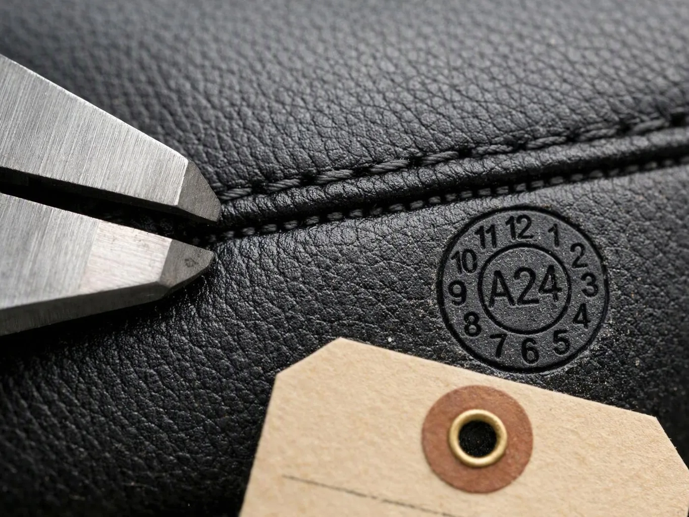 Metal pliers pinch black textured leather beside an A24 stamp and a hanging paper tag