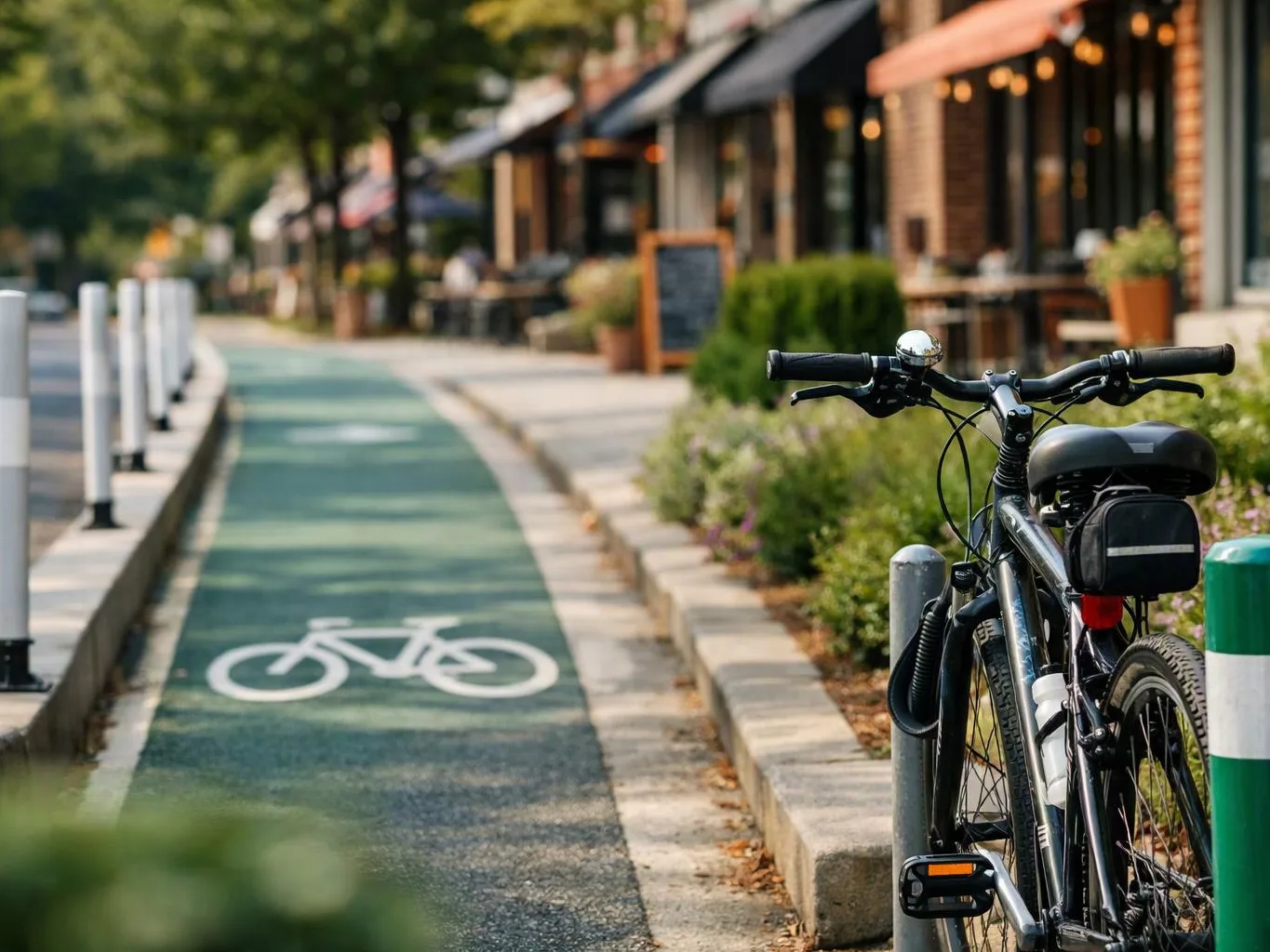 A parked bicycle sits beside a green bike lane on a quiet street with shopfronts and trees