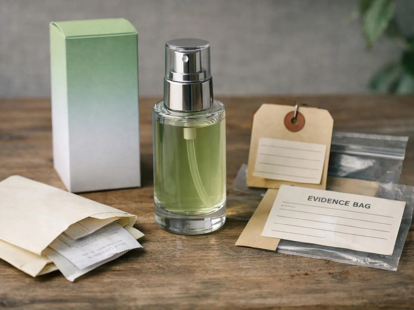 A perfume spray bottle sits beside a box, envelopes, and an evidence bag on a wooden table