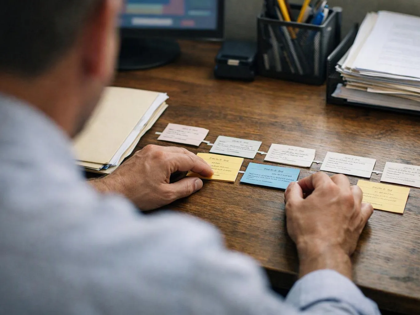 A person arranges color-coded index cards on a wooden desk beside folders, papers, and a pen holder
