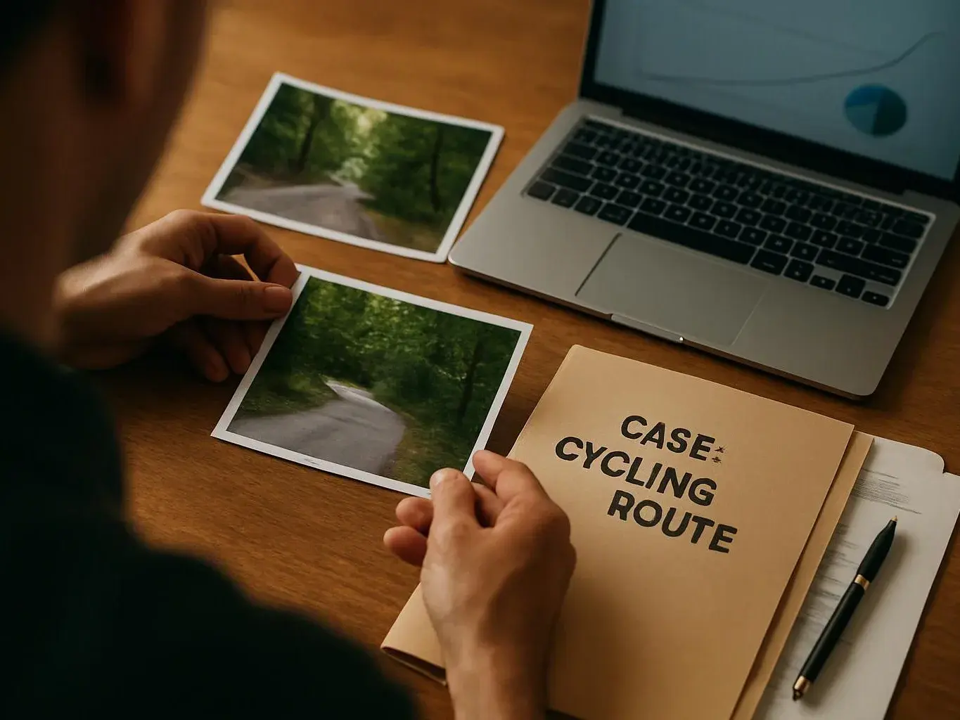 A person compares two road photos beside a laptop and a folder labeled "CASE CYCLING ROUTE"