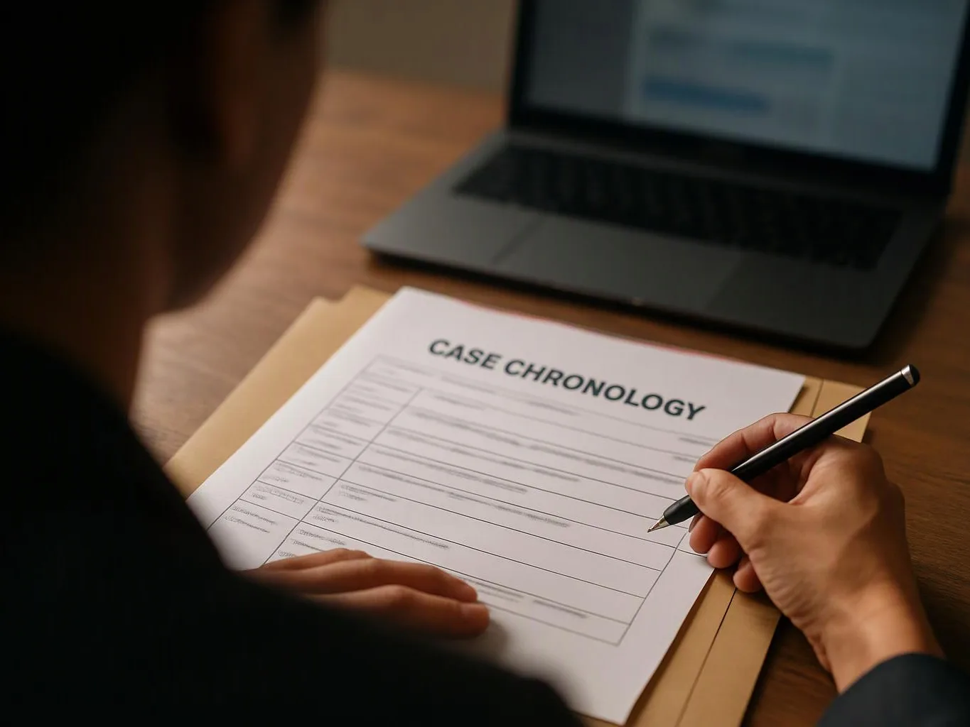 A person fills out a case chronology form beside a laptop on a wooden desk