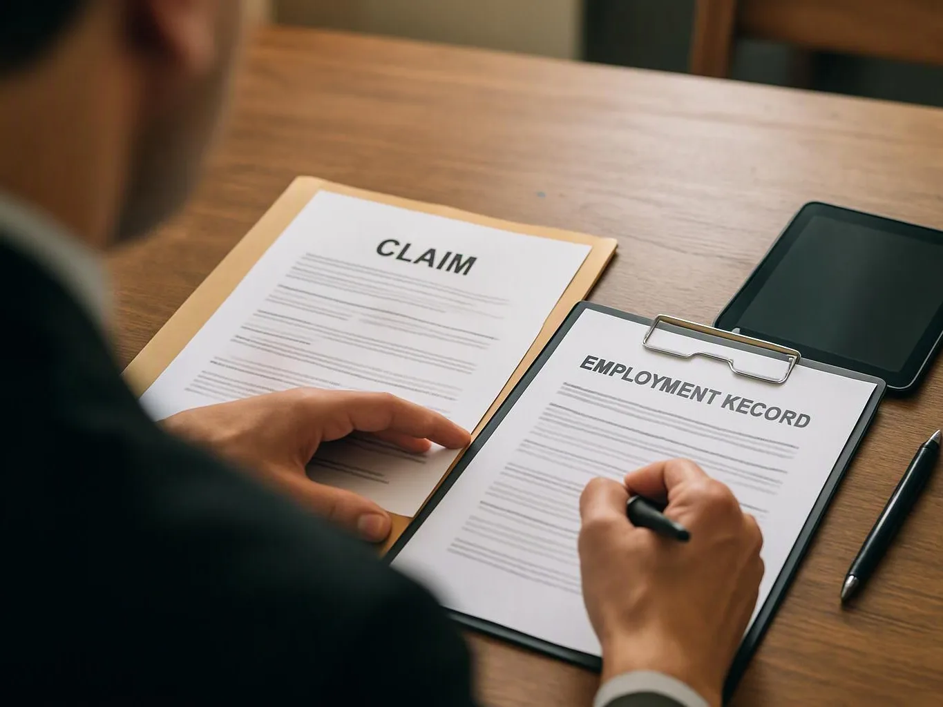 A person fills out paperwork on a desk, with a claim form, an employment record clipboard, a tablet, and a pen