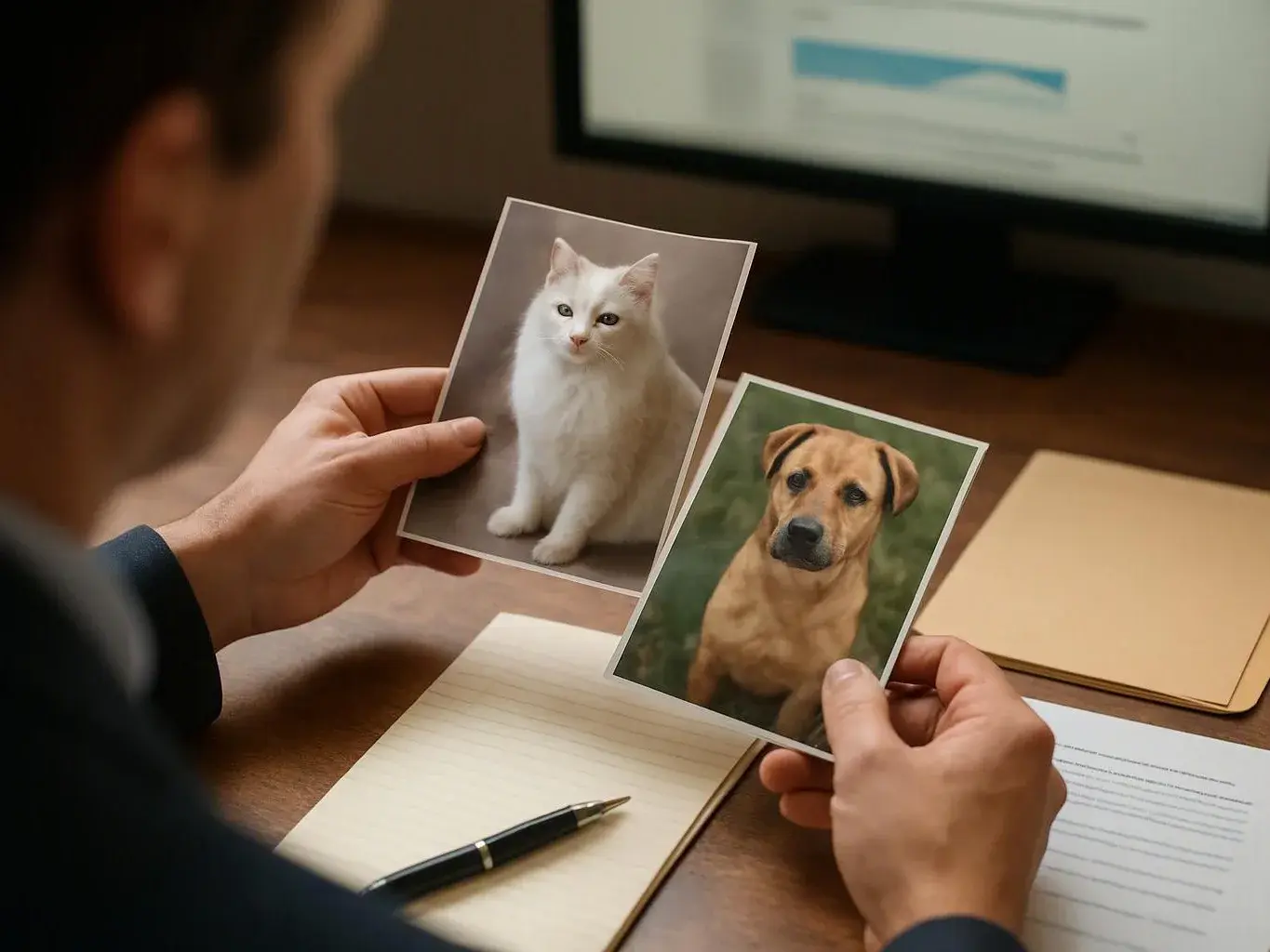 A person holds printed photos of a white cat and a tan dog over a desk with papers and a notebook