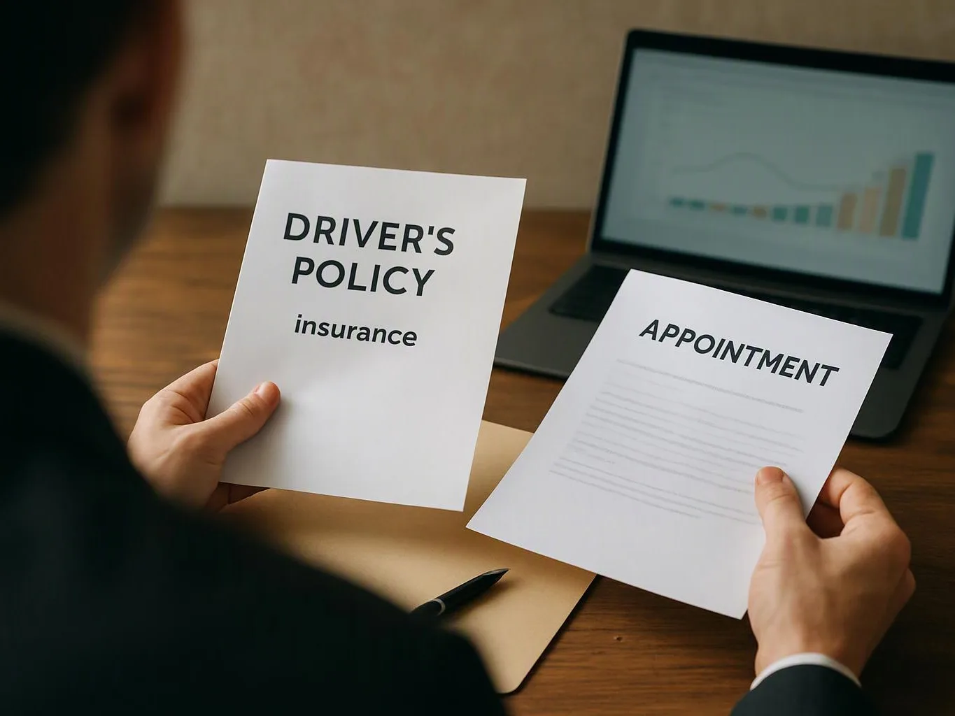 A person holds two papers labeled "DRIVER'S POLICY insurance" and "APPOINTMENT" at a desk with a laptop showing a chart