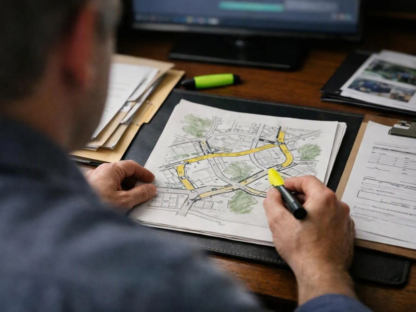 A person marks a printed street map with a yellow highlighter at a desk