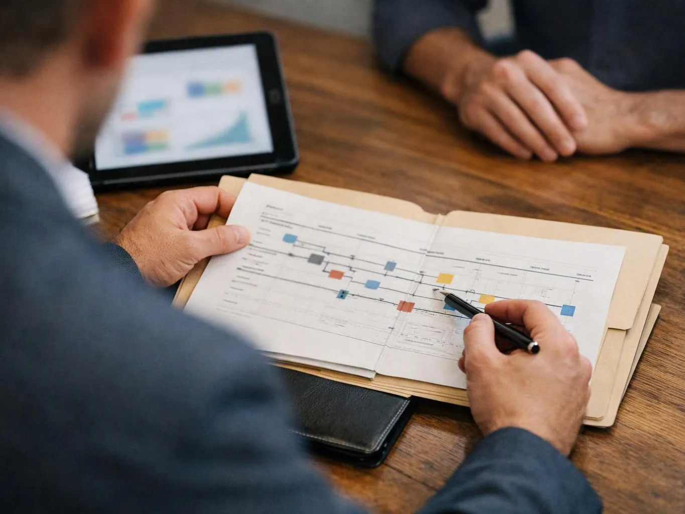 A person points at a printed schedule on a clipboard while another sits nearby with a tablet on a wooden table