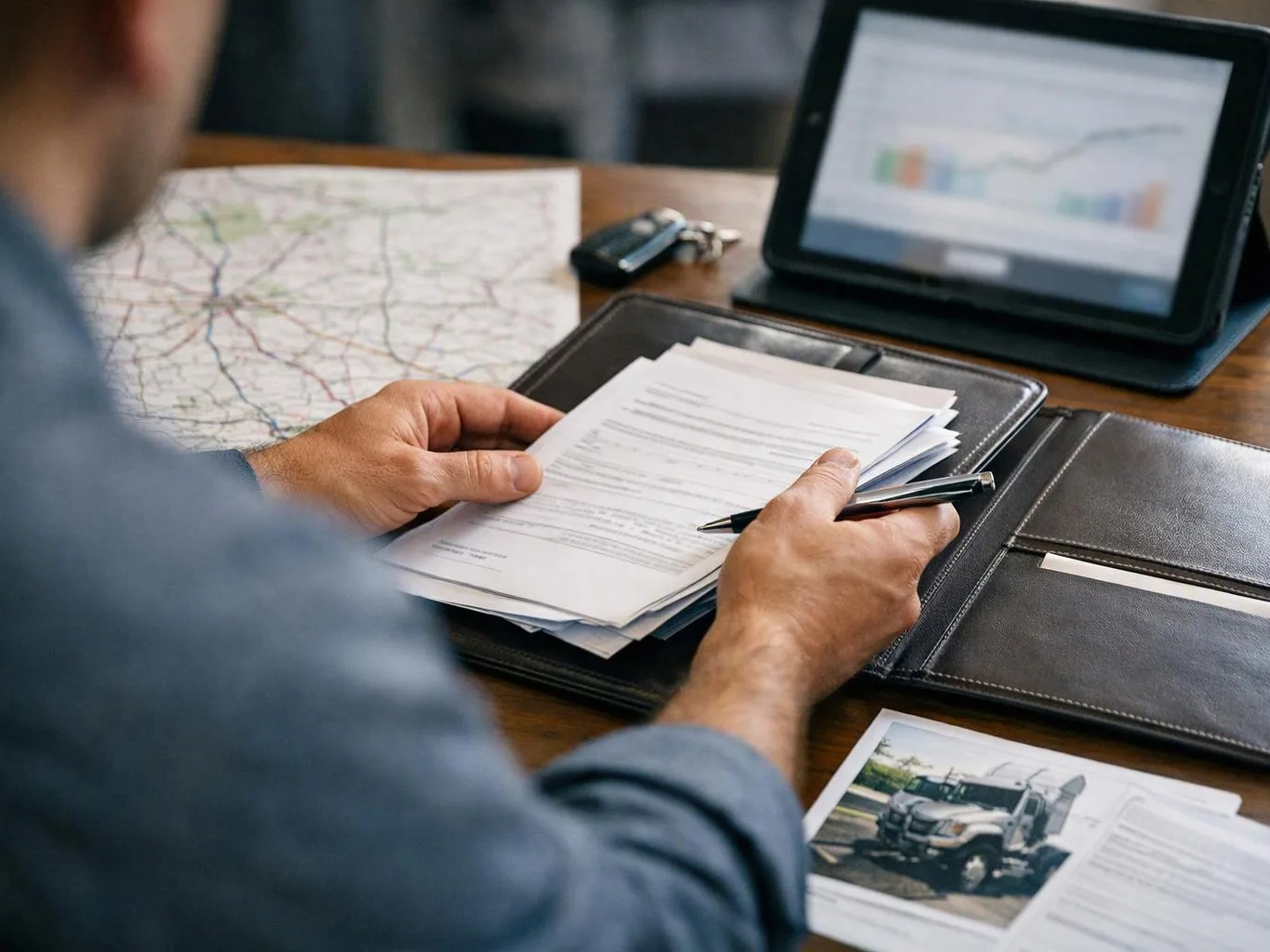 A person reviews paperwork at a desk with a map, a tablet chart, keys, and a truck brochure