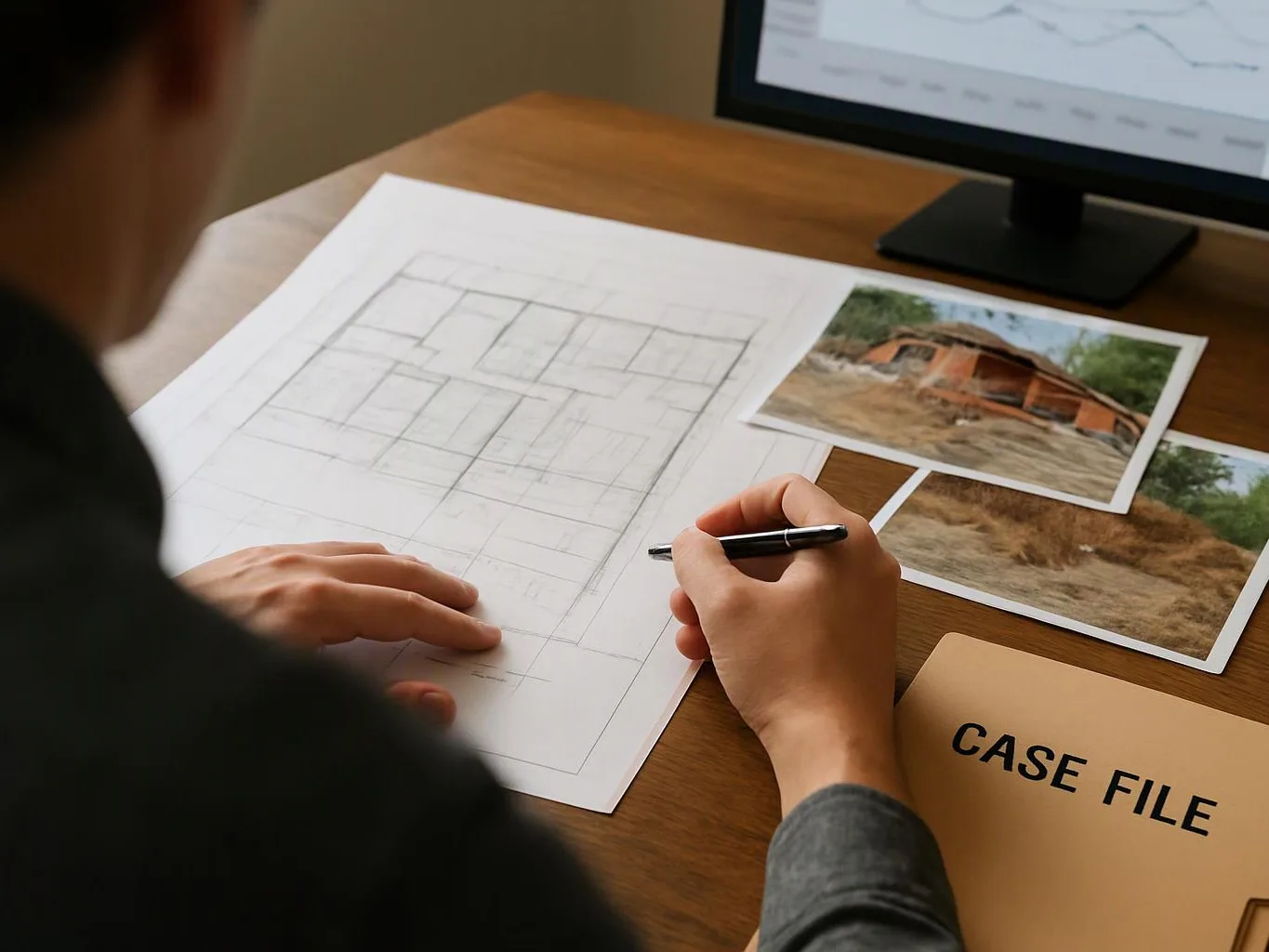 A person sketches a floor plan on paper beside printed house photos and a case file on a wooden desk