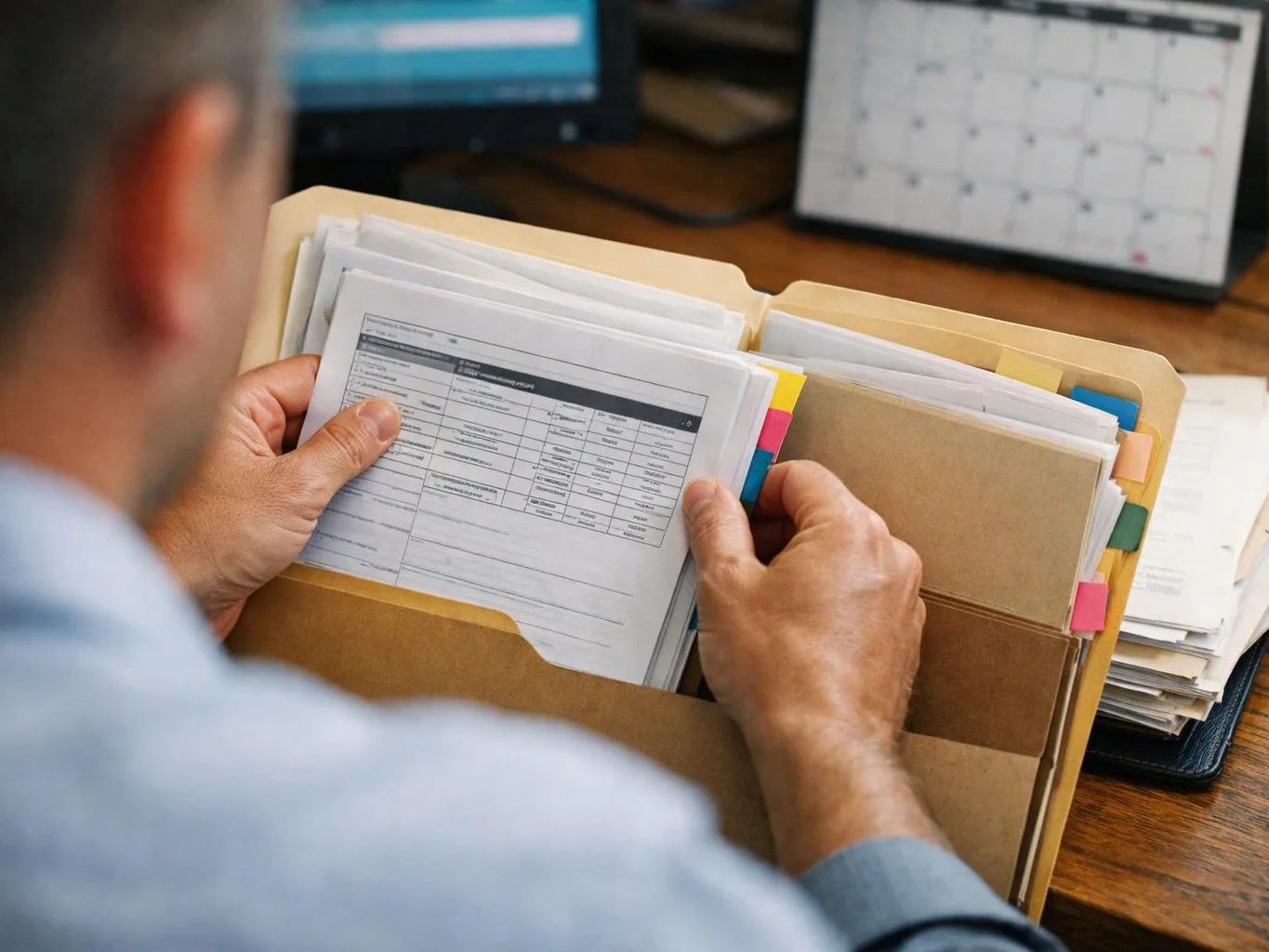 A person sorts papers in a folder at a desk with a calendar and computer screen in the background