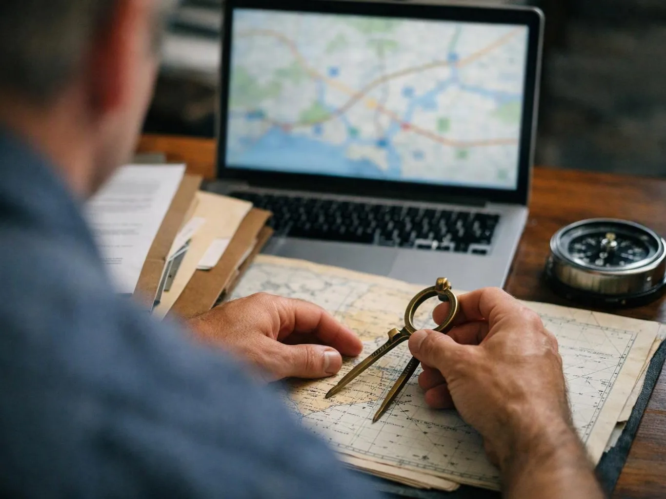 A person studies a paper map with a compass and laptop on a wooden desk
