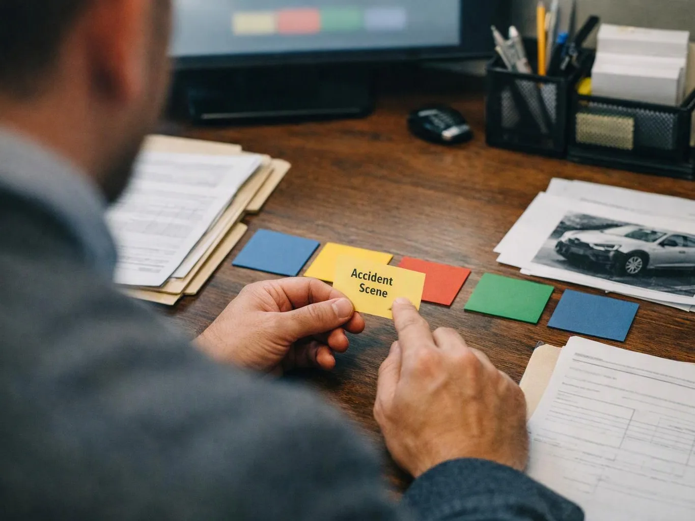 A person studies a yellow card reading “Accident Scene” beside papers, photos, and colored cards on a desk