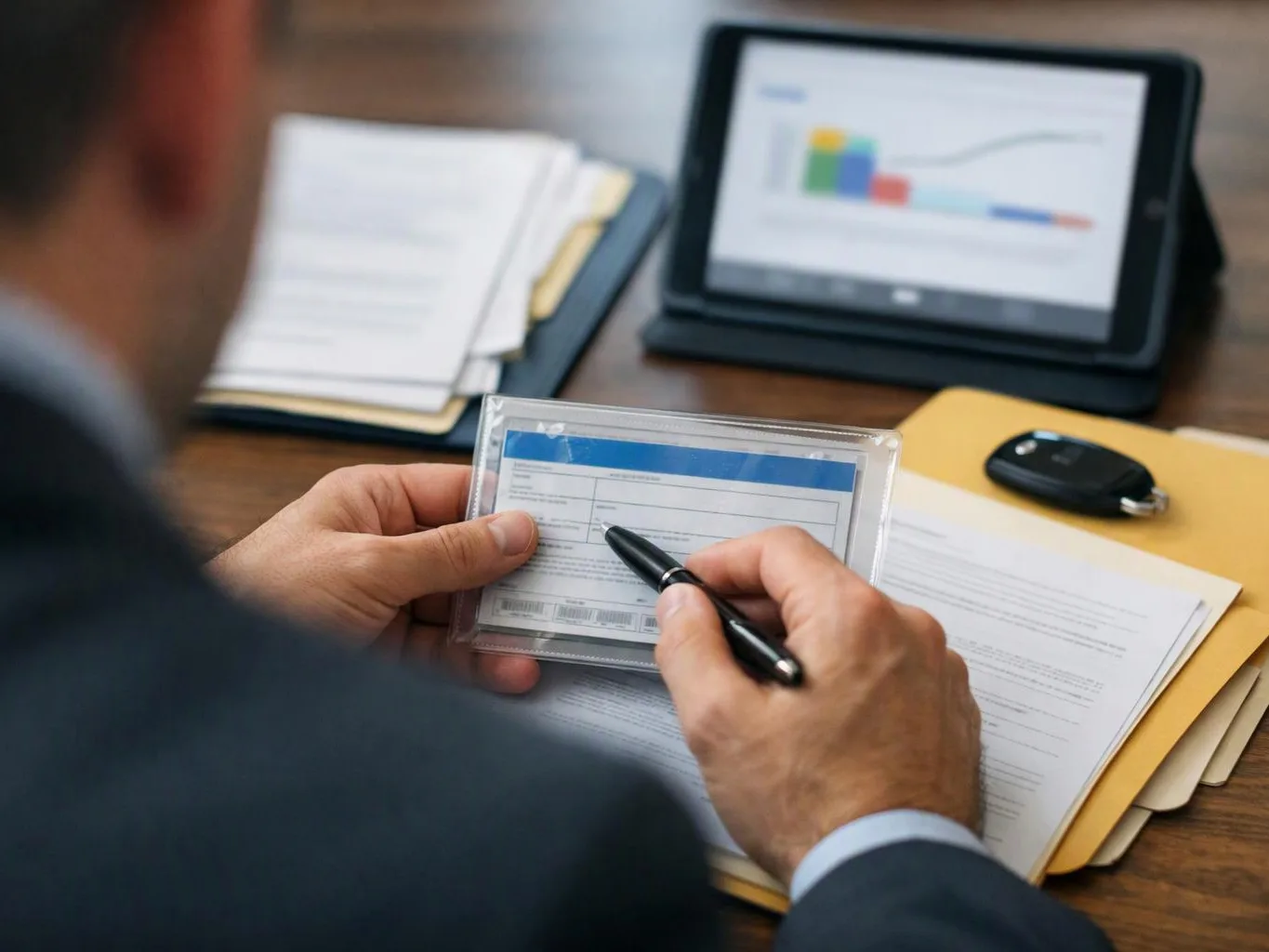A person in a suit fills out a form on a desk with papers, a tablet, and a car key fob