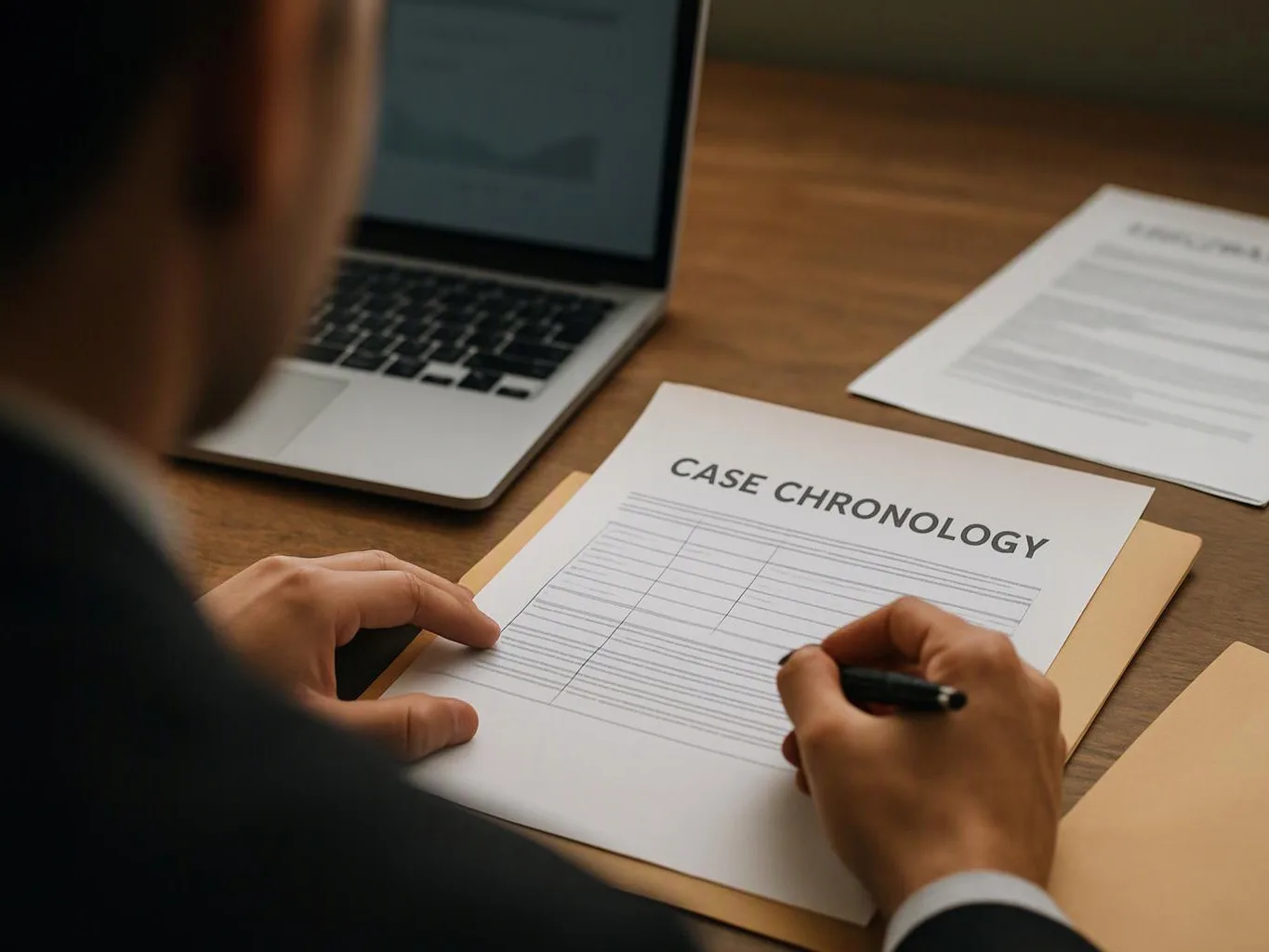 A person writes on a case chronology form beside a laptop on a wooden desk