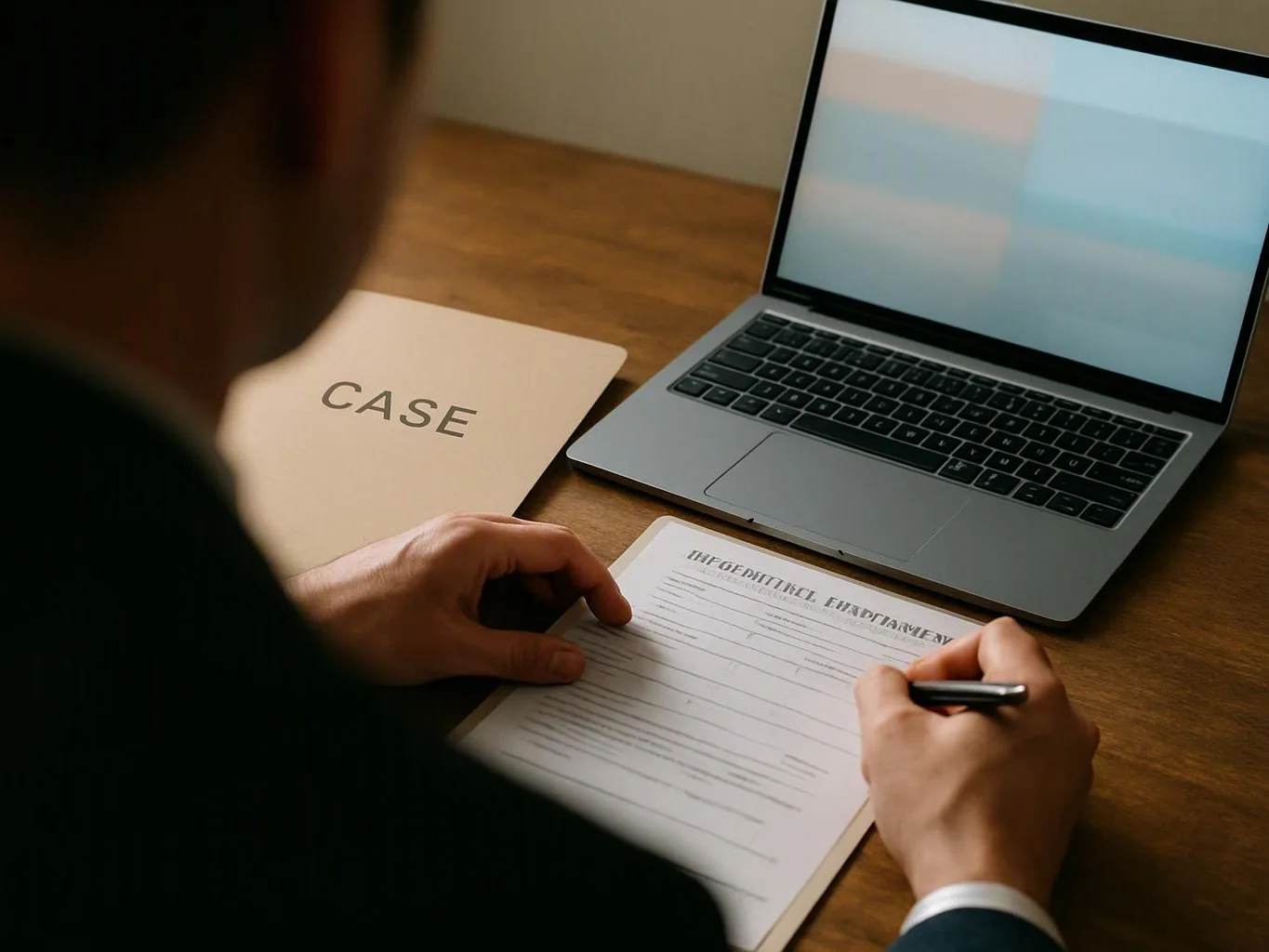 A person writes on a form beside a laptop and a folder labeled "CASE" on a wooden desk