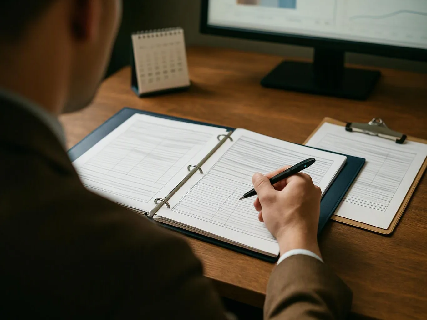 A person writes in a lined binder at a wooden desk beside a clipboard and computer monitor