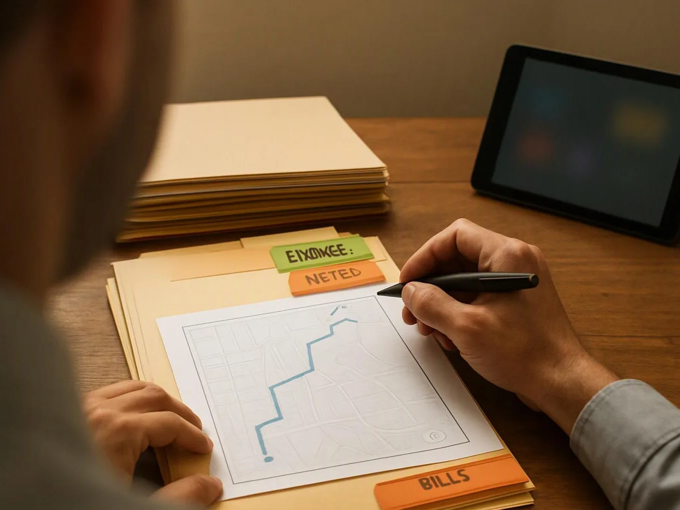 A person writes on a paper chart beside labeled folders and a tablet on a wooden desk