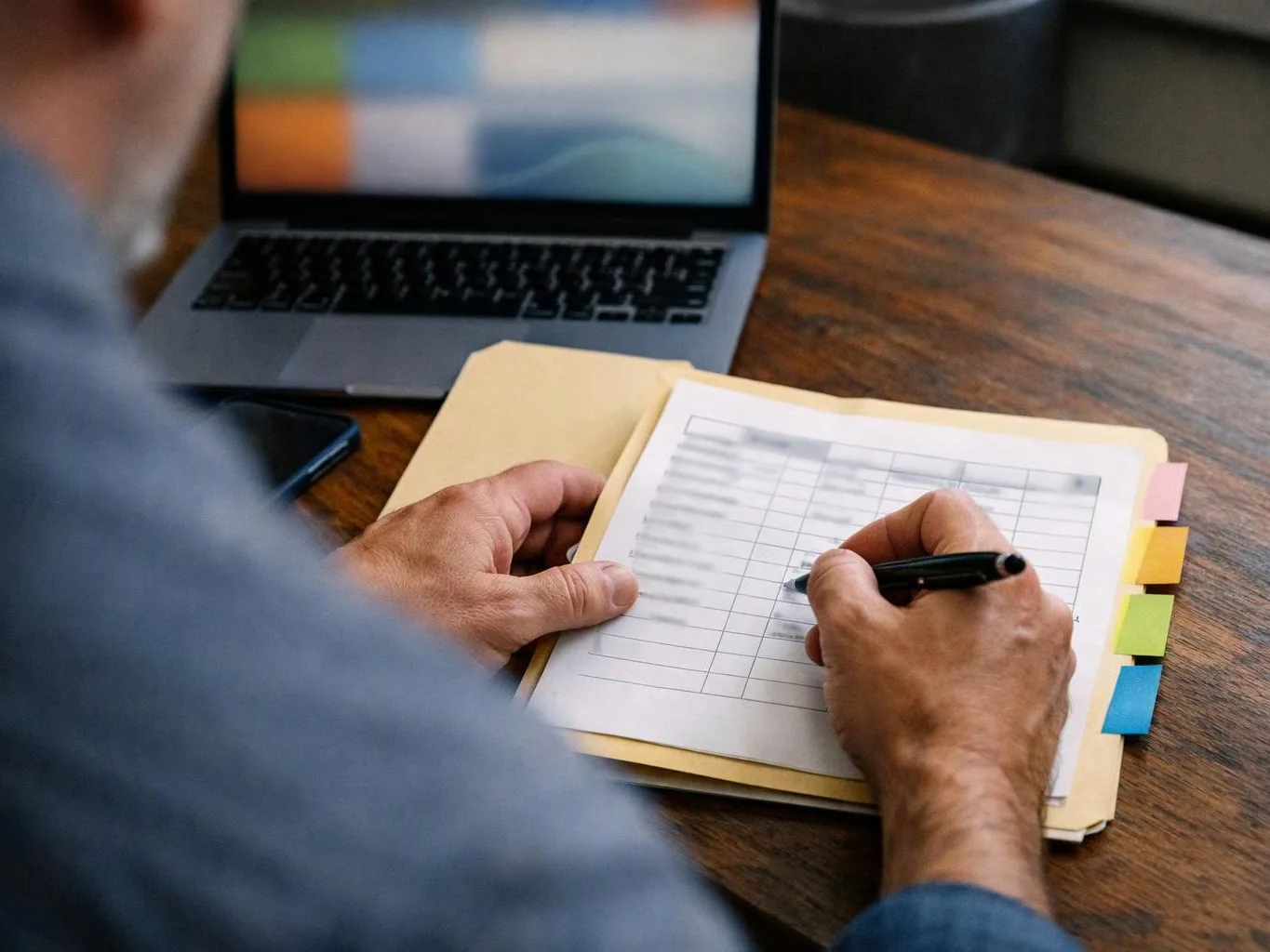 A person writes on a paper checklist beside a laptop at a wooden table