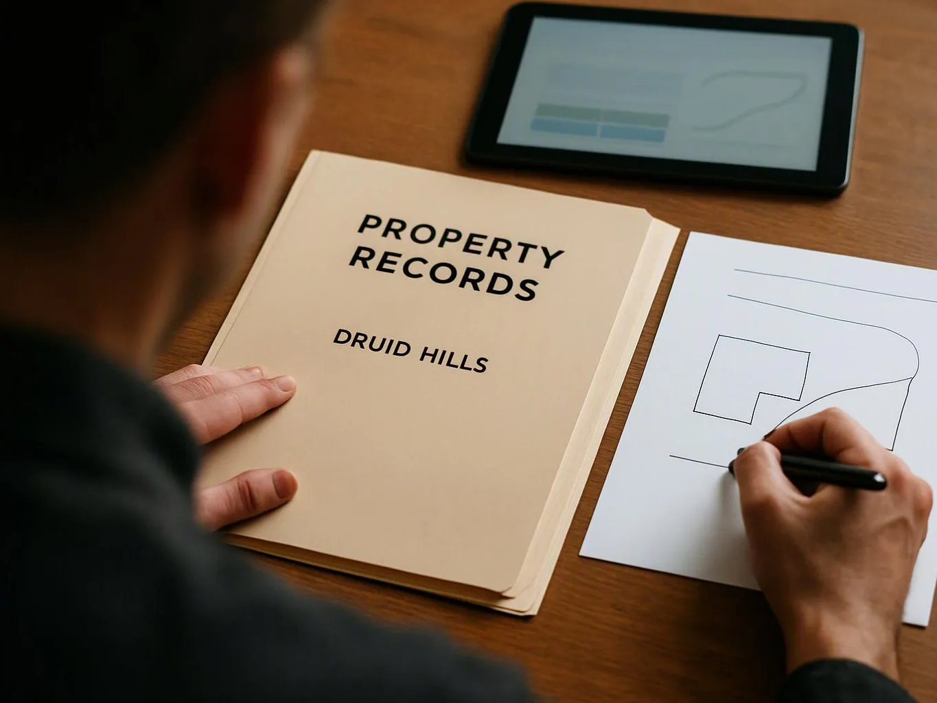 A person writes on a site plan beside a folder labeled “PROPERTY RECORDS” on a wooden desk