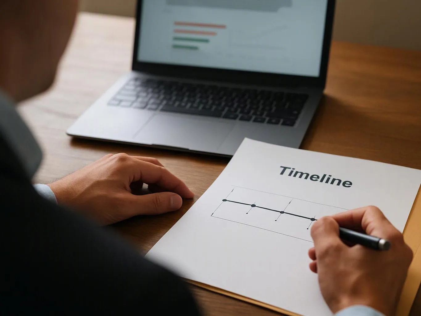 A person writes on a timeline sheet beside a laptop on a wooden desk