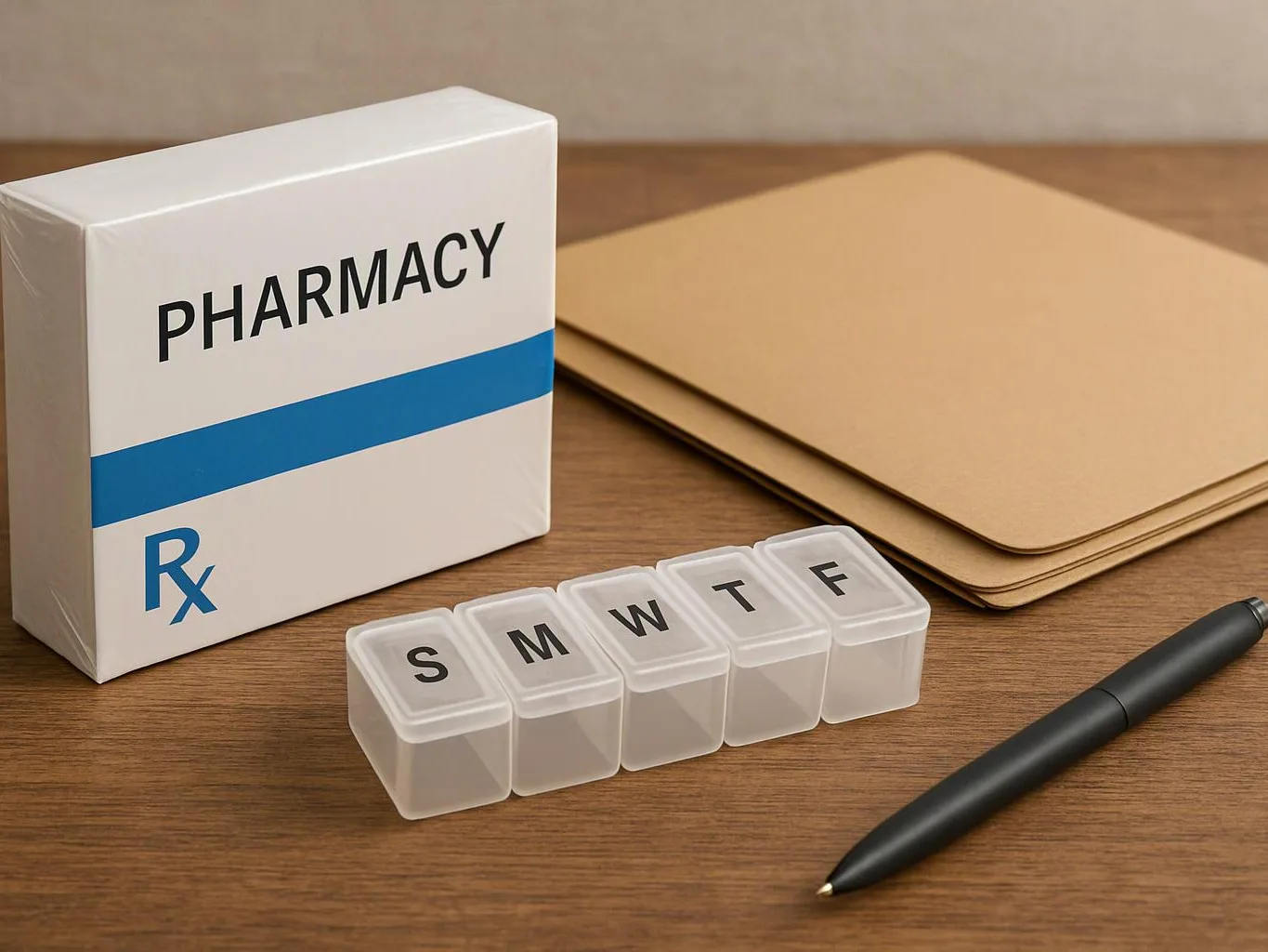 A pharmacy box, weekly pill organizer, folders, and a pen sit on a wooden desk