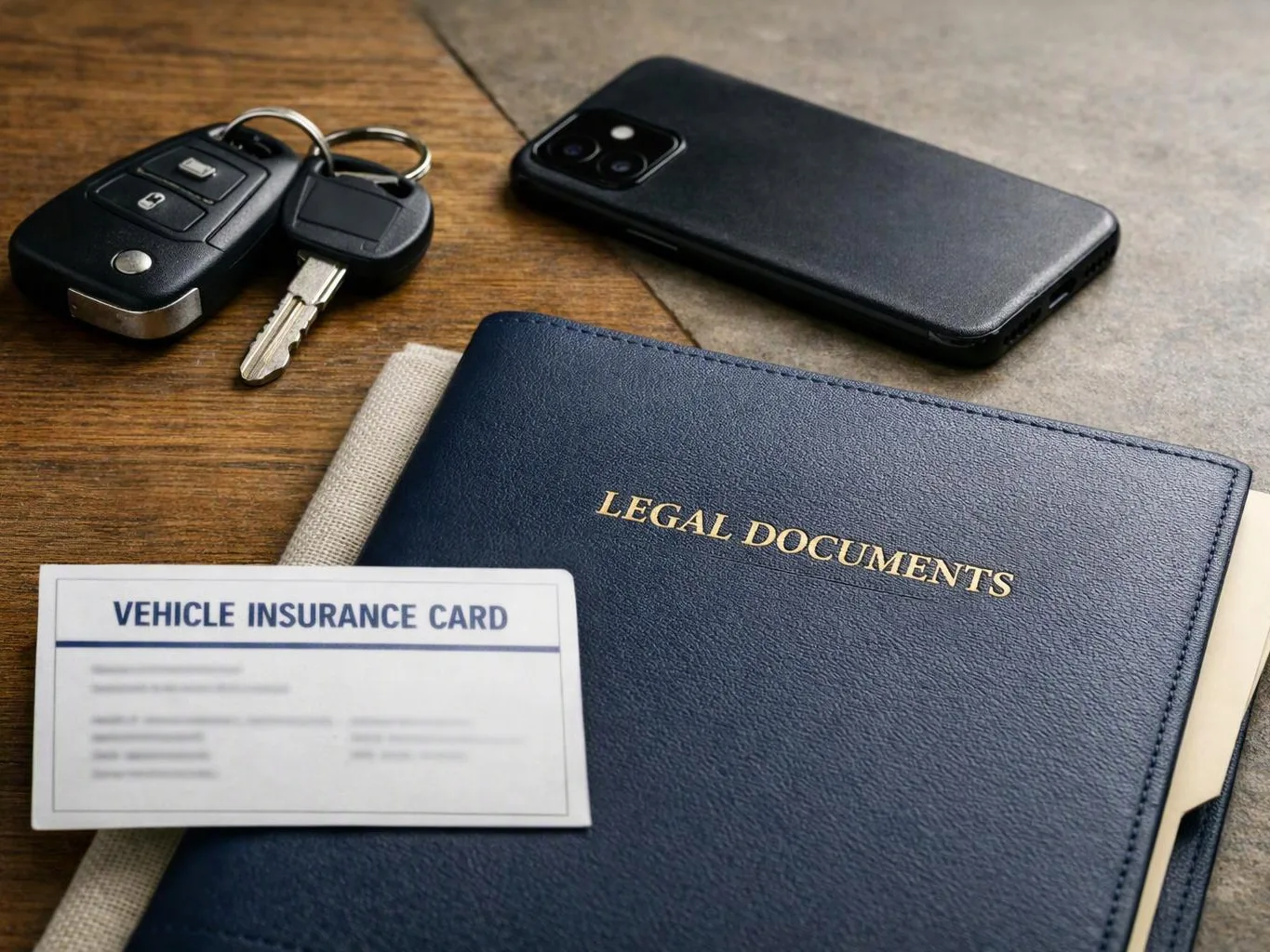 A phone, car keys, a vehicle insurance card, and a legal documents folder lie on a table