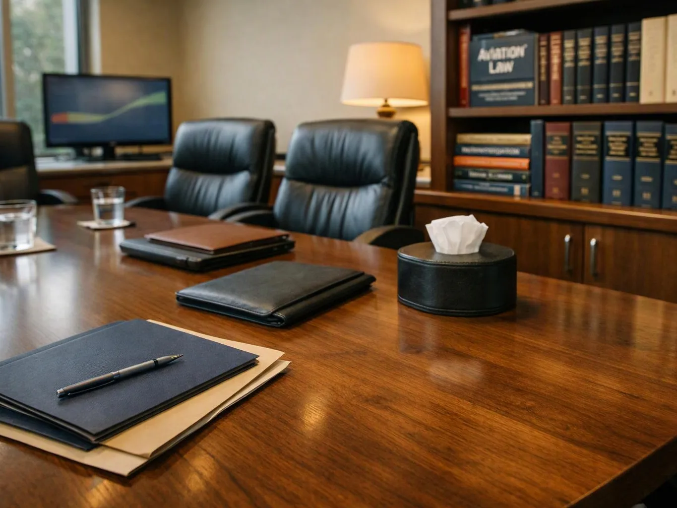 A polished conference table holds folders and a pen, with leather chairs, a lamp, and law books in the background