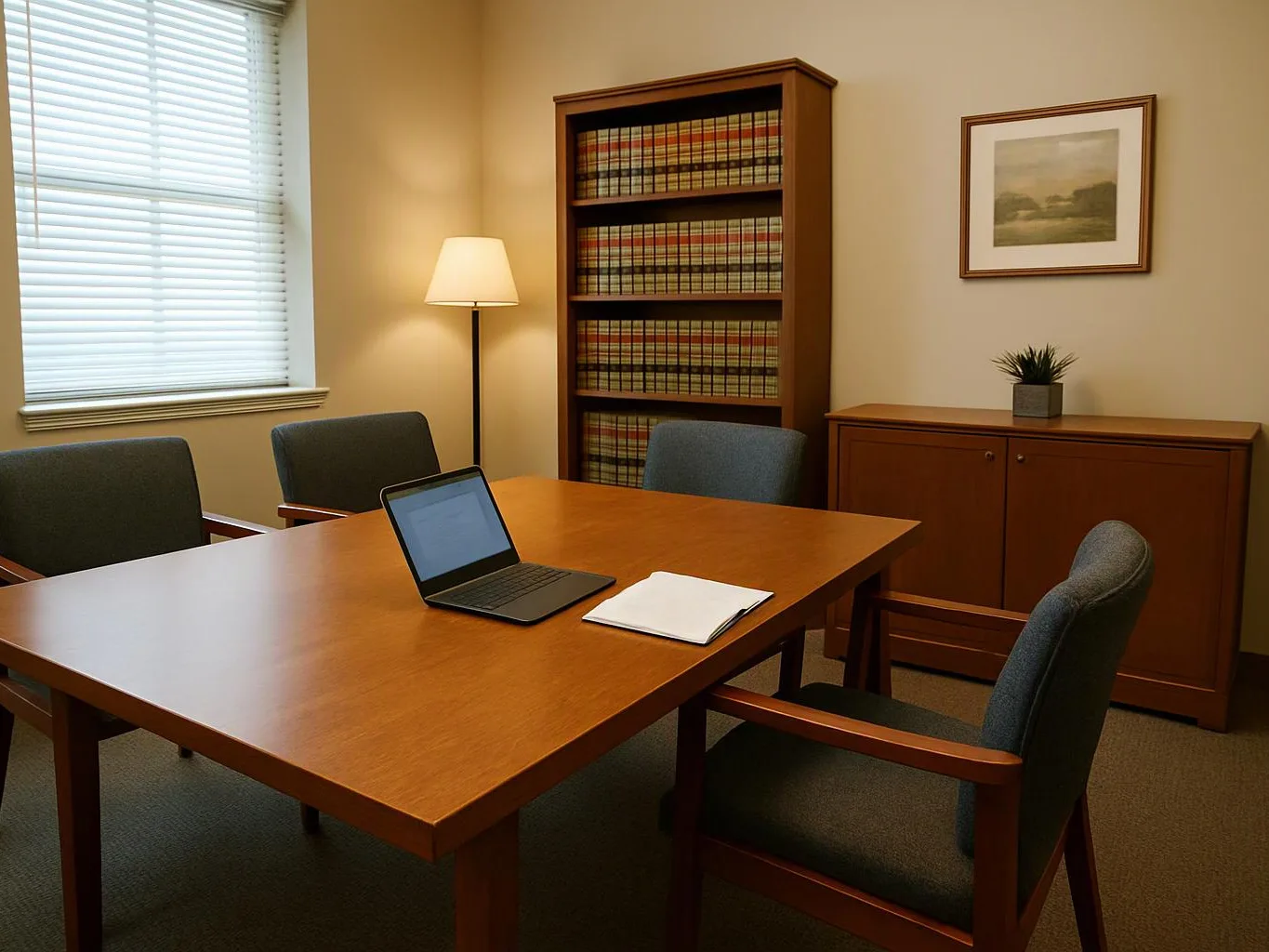 A quiet conference room holds a wooden table with a laptop, notebook, chairs, bookshelves, and a floor lamp