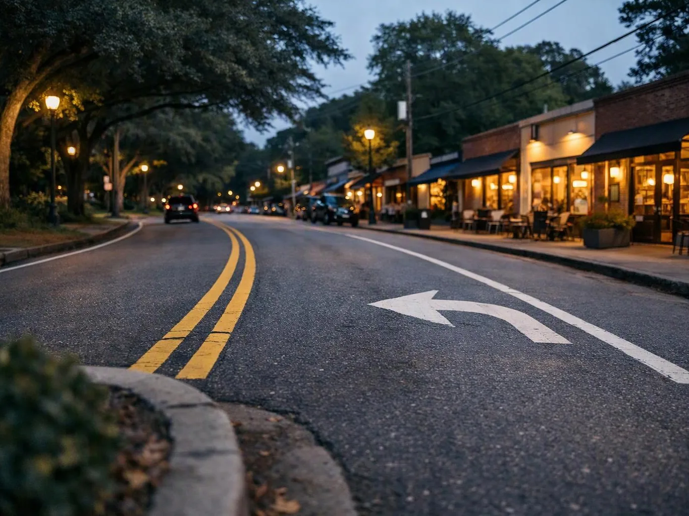 A quiet curving street at dusk shows lit storefronts, parked cars, and a left-turn arrow on the road