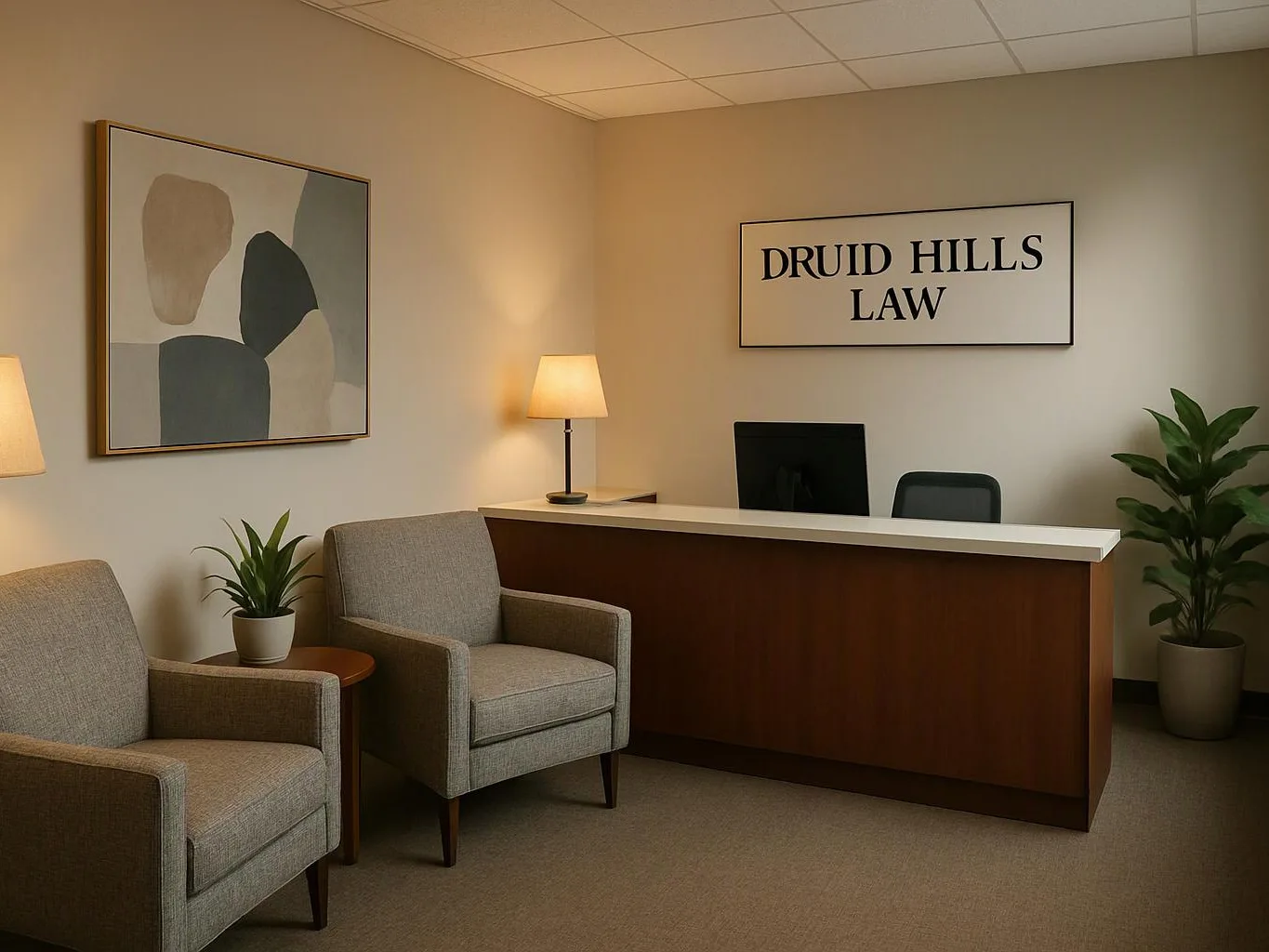 A quiet law office reception area shows chairs, a desk, lamps, plants, and framed wall art