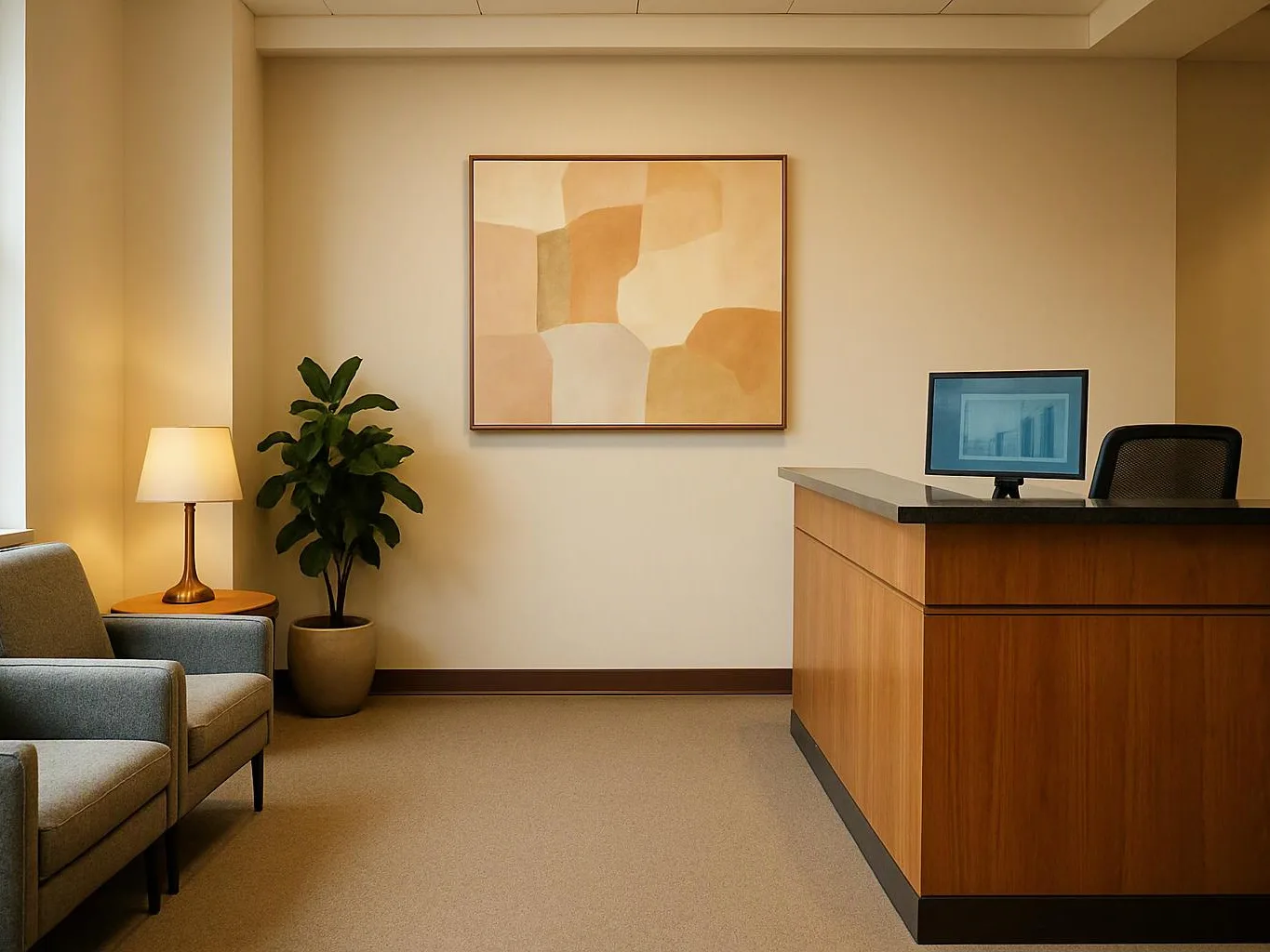 A quiet lobby shows a front desk, two chairs, a lamp, a potted plant, and abstract wall art