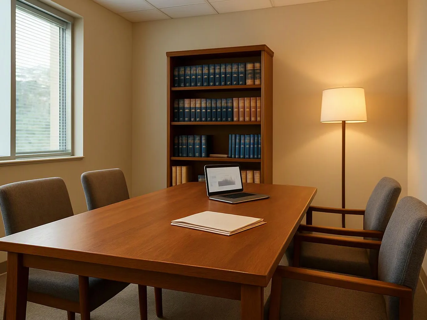 A quiet meeting room holds a wooden table, gray chairs, a laptop, bookshelves, and a lit floor lamp