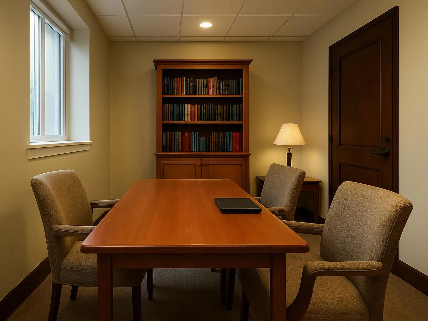 A quiet meeting room shows a wooden table, four chairs, a bookcase, a lamp, and a closed door