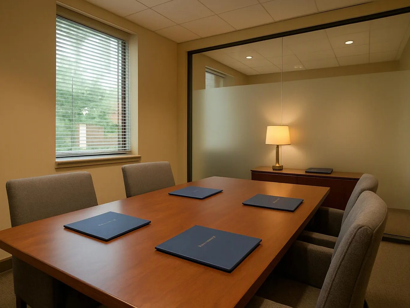 A quiet meeting room shows a wooden table, gray chairs, blue folders, a lamp, and a window with blinds