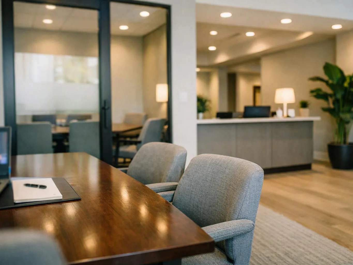 A quiet modern office lounge shows a wooden table, gray chairs, a reception desk, and soft lamps