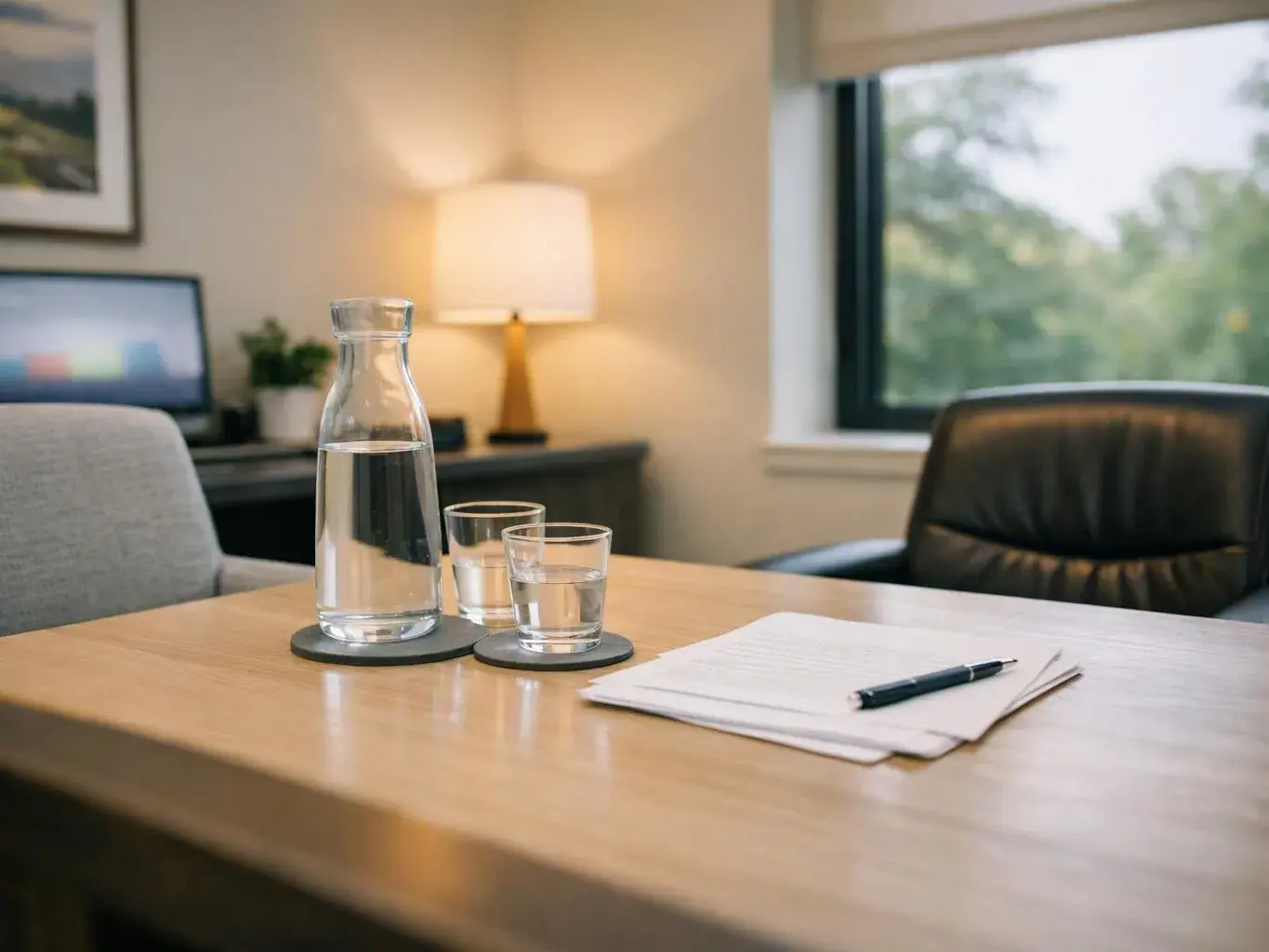 A quiet office desk holds a water carafe, two glasses, and a notebook with a pen beside a lamp and window